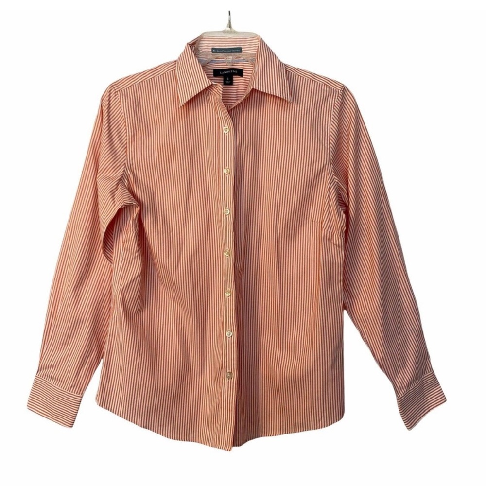 Womens Lands End Size 6 Fitted Stripe Stripe Button No Iron Oxford V30
